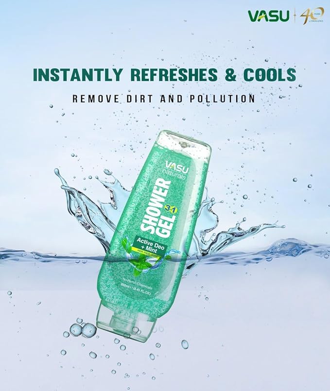 Vasu Naturals Mint Body Wash for Men & Women – Cooling Shower Gel with Menthol & Natural Mint, Hydrating Body Soap, Deep Moisturizing Formula, Paraben-Free Bath Wash – 8.45 fl oz Each (Pack of 2)