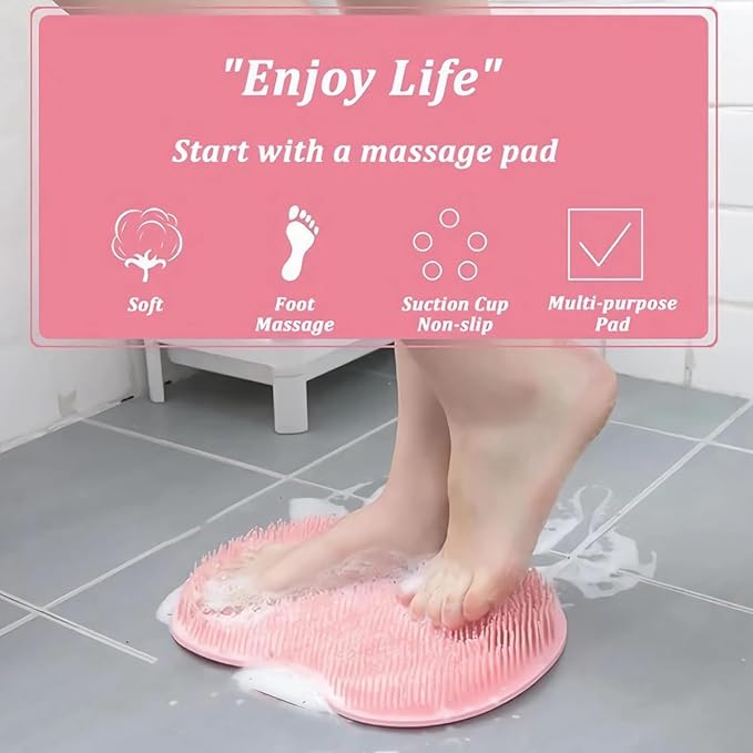 Shower Foot & Back Scrubber, Massage Pad with Suction Cups & Pumice Stone, Multi-Surface Silicone Bath Mat for Exfoliating and Massaging in Shower or Bathtub, 9.8x11.8 Inch (Blue)