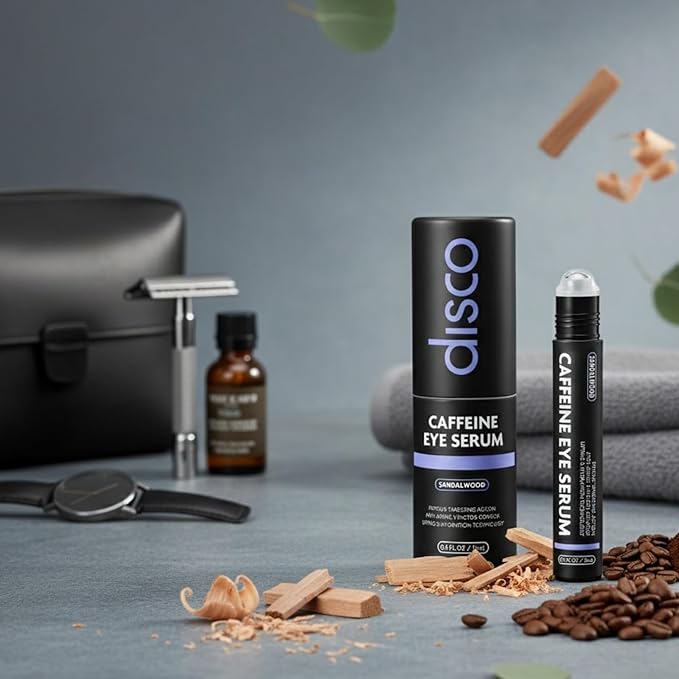 Disco Eye Serum, 12% Caffeine 8% Hyaluronic Acid, Niacinamide Peptides, Puffy Bags Fine Lines Dark Circles Wrinkles, Sandalwood - Hydrating Vitamin C 360° Roller Massage Ball Anti-Aging Cream 0.5oz