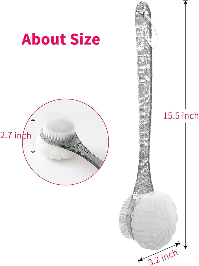 Body Brush Dual-Sided Shower Brush Back Scrubber, Premium Medium Soft and Stiff Bristles,Back Scrubber for Shower, Perfect Durable Non-Slip Long Handle Bath Brush (Transparent Handle)