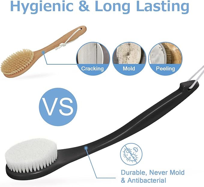 Back Brush Long Handle for Shower, Soft Bristle Back Scrubber for Shower, Ergonomics Curved Long Handle Bath Brush Exfoliating Body Scrubber with Hook and Lanyard-Black