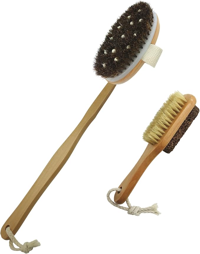 Dry Brushing Body Brush Set, Exfoliating Back Scrubber and Natural Lava Pumice Stone Brush for Feet, Horsehair Shower Brush Long Handle Detachable for Cellulite Lymphatic Improvement