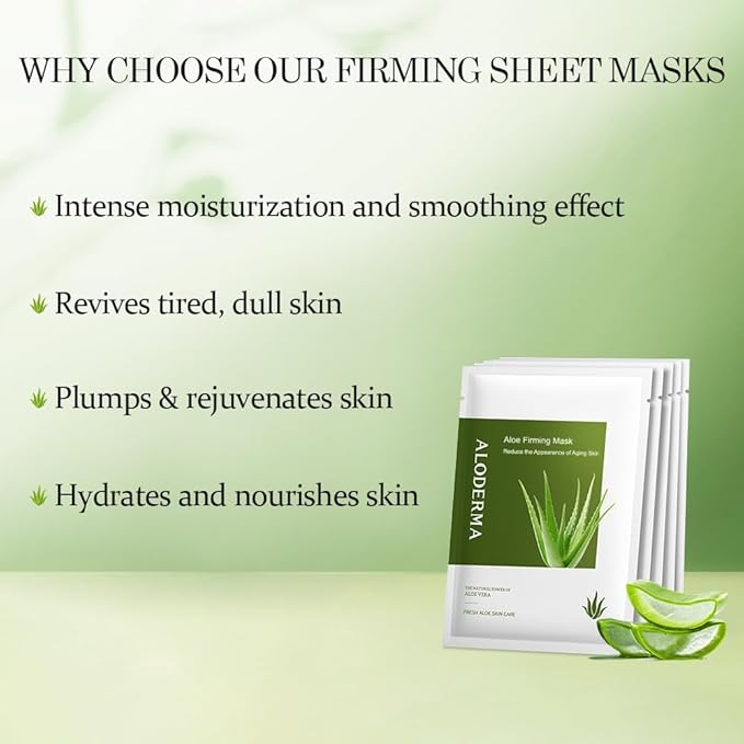Aloderma Firming Sheet Masks with 89% Organic Aloe Vera 5 pcs - Formulated for Age-Defying Results with Hyaluronic Acid & Arginine, Intense Hydration & Nourishment for Plump, Supple, Rejuvenated Skin