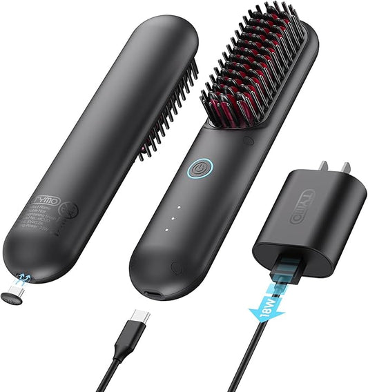 TYMO Porta Cordless Hair Straightener Brush, Portable Mini Straightening Brush for Travel, Negative Ion Hot Comb Hair Straightener for Women, Lightweight to Carry Out, USB Rechargeable, Black