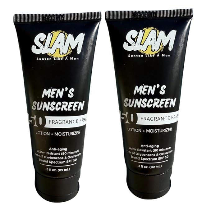 SLAM Men's Sunscreen Lotion SPF 50 & Moisturizer – Face & Body Sunblock, Anti-Aging, Water-Resistant, Hawaii Act 104 Safe, Skincare for Men, Unscented – 3 fl oz.each. Double pack.