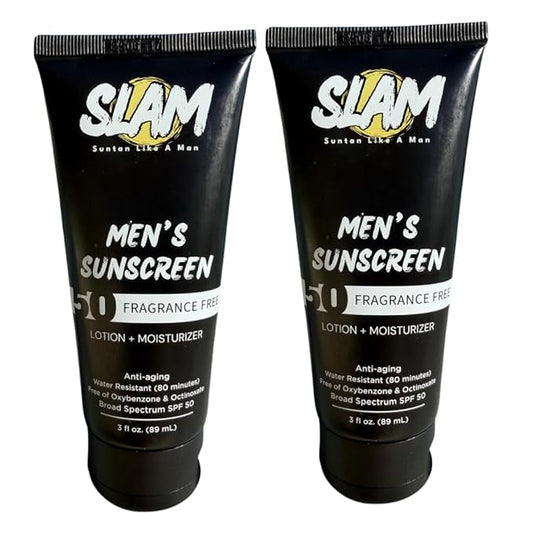 SLAM Men's Sunscreen Lotion SPF 50 & Moisturizer – Face & Body Sunblock, Anti-Aging, Water-Resistant, Hawaii Act 104 Safe, Skincare for Men, Unscented – 3 fl oz.each. Double pack.