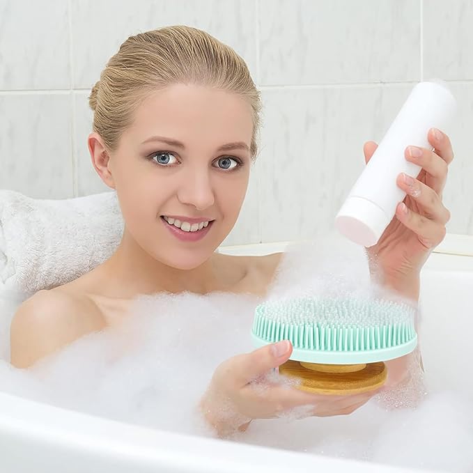 SHIDOW Grade Soft Silicone Body Scrubber Shower Brush, Non-Slip Bamboo Handle Silicone Loofah, Body Scrubber with Soft and Stiff Bristles, Suitable for All Kinds of Skin (1PC Light Blue + 1PC Pink