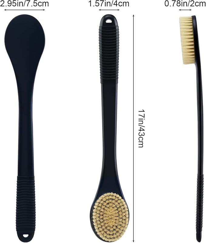 Back Scrubber for Shower, Shower Body Brush for Cleaning with Long Handle for Showering, 17 Inch Back Washer Exfoliator for Shower Men Women with Non-Slip Handle, Adhesive Hook (Black-Boar Bristles)