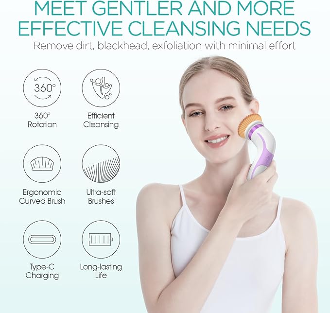 Facial Cleansing Brush-Spin Face Scrubber Exfoliator Rechargeable, 2-Speed Rotation, Electric Face Wash Brushes for Cleansing and Exfoliating, with 2 Brush Heads, Purple