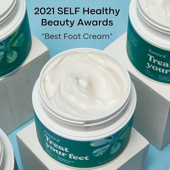 ASUTRA Treat your Feet Foot Cream, 3.4 oz - Rich Lotion with Shea Butter for Dry, Cracked Feet, Peppermint & Tea Tree Essential Oils