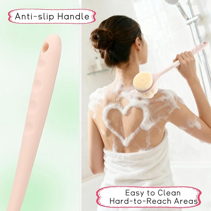 2-Pack Pink Double Sided Bath Brush with Soft Bristles and Loofah,Long Handle Back Scrubber,Exfoliating Back Shower Brush for Women and Men