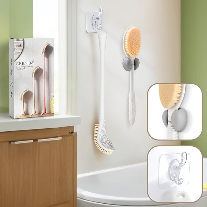 New Foot Brush & Back Scrubber Set 2PCS, 10.2''- 27.5'' Adjustable Foot Scrubber for Shower, 18.9'' Shower Back Scrubber with 3-Length Usage, Great Aid for People with Limited Mobility(White)