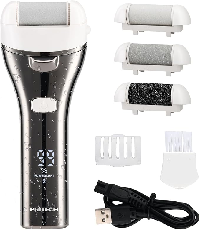 Electric Foot Callus Remover, Rechargeable Portable Electronic Foot File Pedicure Kit, Pedicure Tools for feet, 3 Roller Heads, 3 Speed, Battery Display for Remove Cracked Heels Calluses（BCM-1852）