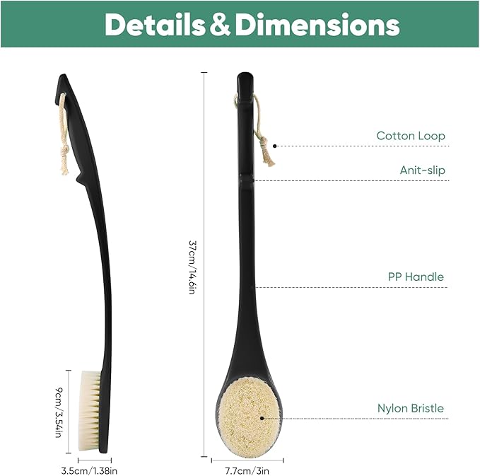 Back Scrubber for Shower, 17-Inch Shower Brush for Men and Women, Long Handle Exfoliating Body Brush, Medium Bristle Stiffness for Dry or Wet Brushing (Black)