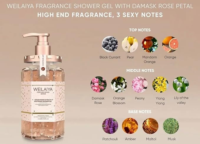 Weilaiya Damask Grand Rose Extract Shower Gel – 450mL / 15.2 fl oz – Moisturizing Body Wash with Natural Rose Essence – Gentle, Hydrating, Aromatherapy Cleanser for All Skin Types
