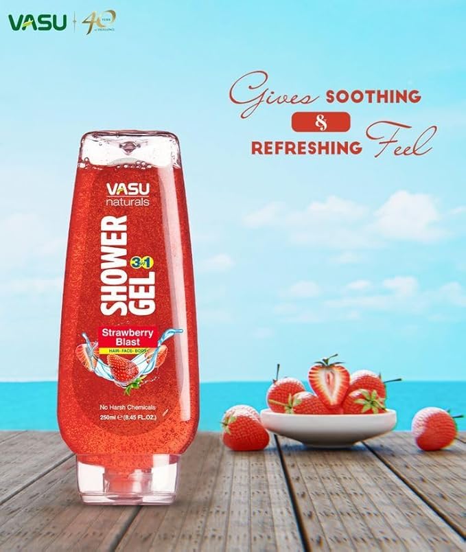 Vasu Naturals Shower Gel for Men & Women, Strawberry Body Wash, Pack of 2 (8.45 fl oz Each) – Gentle Daily Cleanser with Hydrating & Nourishing Formula, Refreshing Skin Care for All Skin Types