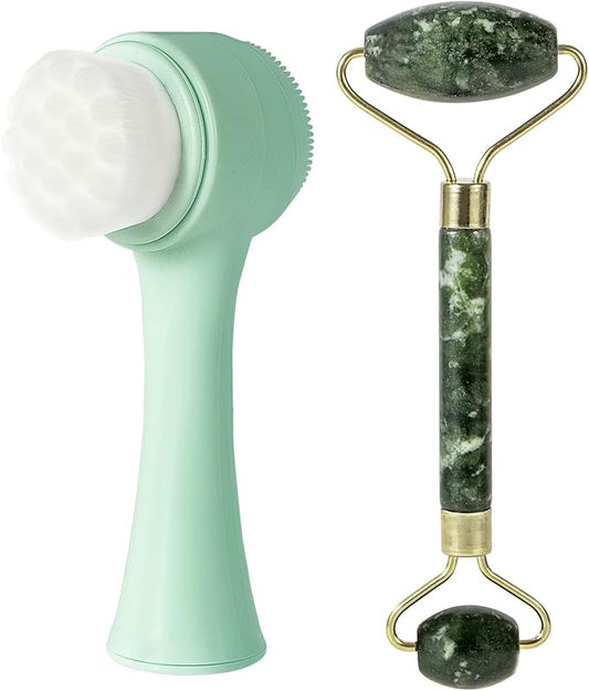 Face Brush 2 in 1, Silicone Facial Cleansing Exfoliating Brush Soft Bristles Pore Deep Cleansing, Jade Face Roller Skin Care Tools, Manual Dual Face Wash Scrub Brush Massaging Gift, Blue+Green