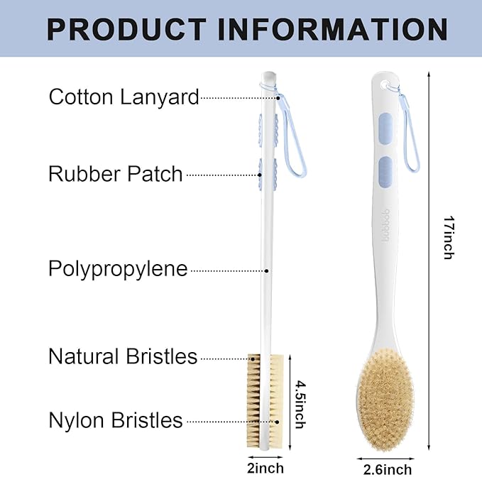 Back Scrubber for Shower with Long Handle, Exfoliating Bath Brush for Body - Double Sided Bristles (Stiff & Soft), Anti-Slip Grip, Lightweight - Gift for Seniors, Includes Lanyard & Hook, Blue