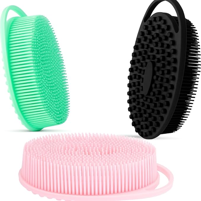 Silicone Body Scrubber 3-Pack – 2-in-1 Shower Exfoliating Brush with Handle, Gentle & Durable Loofah Alternative – Black, Green, Pink