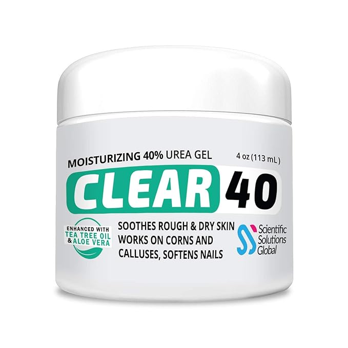 CLEAR 40, 40% Urea Gel, 4 oz w/Tea Tree & Coconut Oil, Aloe Vera Extract, Works on Calluses & Corns, Moisturizes & Softens Cracked Heels, Feet, Elbows, Hands, Nails, Superior Hydration to Urea Creams