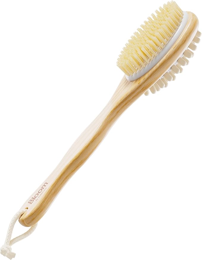 2-in-1 Long Handle Body Brush for Skin Exfoliation and Massage Reduces Cellulite Stimulates Blood Circulation & Reduces Dead Skin Cells Natural, Soft Bristles (Pack of 1) Brown