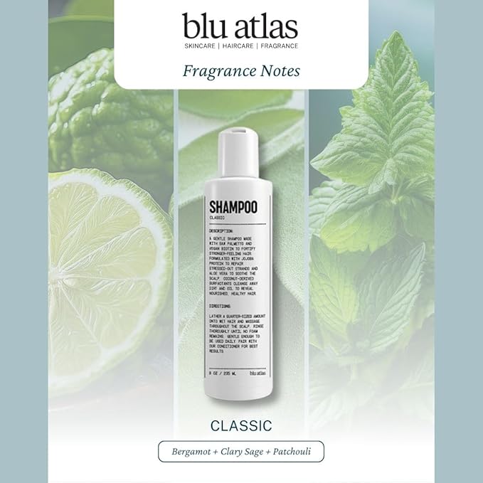 Blu Atlas Men's Natural Shampoo – Organic, Sulfate-Free, Paraben-Free – Deep Cleansing & Hydrating – Classic Scent (Bergamot, Sage, Patchouli) – Made in America– 8 oz