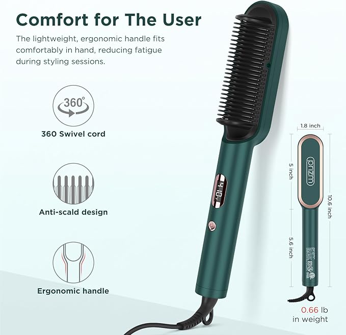 Prizm Hair Straightener Brush, 20s Fast Heating, Negative Ions Hair Straightening Brush with Less Frizz, 4 Temp Settings & LED Display, Anti-Scald Design, Gift for Women, Dual Voltage, Dark Green