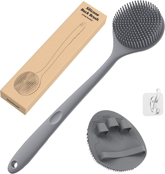 Manmihealth Silicone Back Scrubber(Thin Bristles) & Soft Bath Glove Set, Super-Cleaning Body Scrubber & Super-Lathering Shower Brush Combination, with a Free Hook. (Gray)