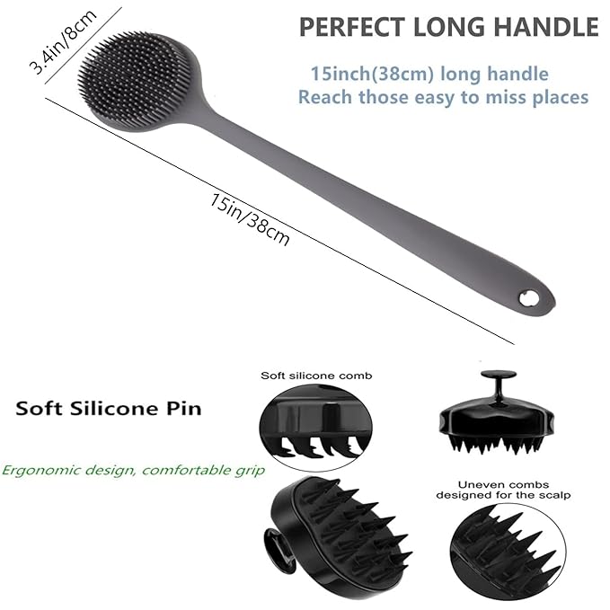 Silicone Body Scrubber & Scalp Massager, Long Handle Back Scrubber for Shower, Exfoliating Brush, Hair Dandruff Shampoo Brush for Men, Women & Kids