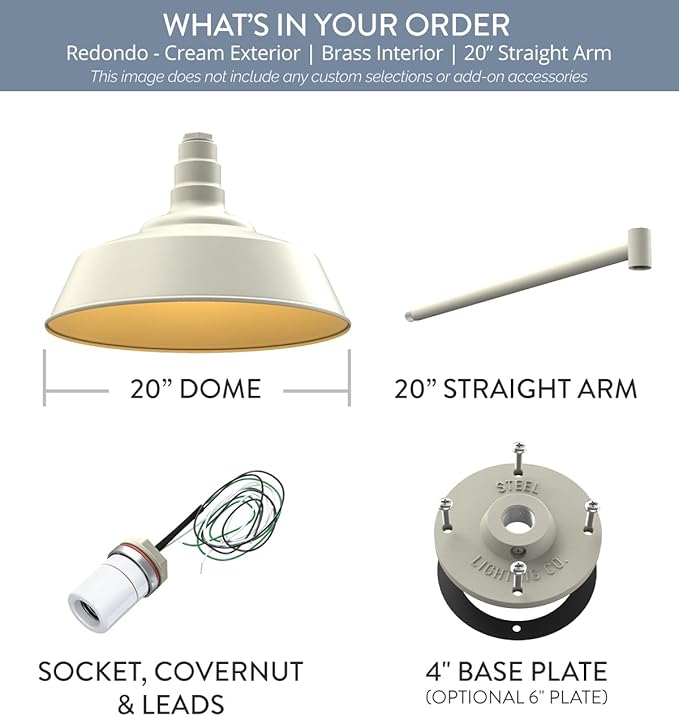 Steel Lighting Co. | Dusk to Dawn | Redondo Barn Light | Outdoor Wall Mounted | 20 inch Dome | 20 inch Straight Arm | Large Farmhouse Light Made in America | Cream/Brass