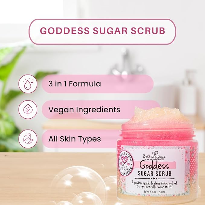 Bella & Bear Gift Set - 3-in-1 Body Scrub & Goddess Body Butter in Glossy Pink Box - Vegan, Cruelty-Free, Mango-Pineapple-Coconut Scent