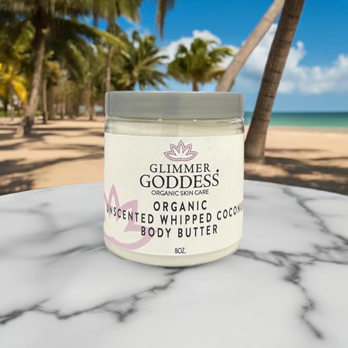 GLIMMER GODDESS Organic Vegan Whipped Coconut Oil & Vitamin E Body Butter - UNSCENTED, Moisturizing, Anti-aging, Skin Repairing, 8 oz.