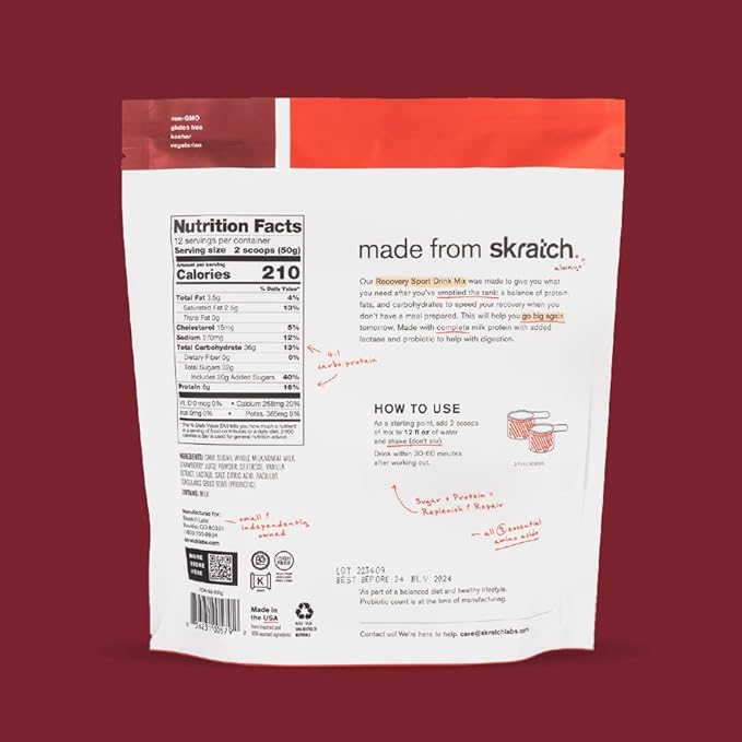 SKRATCH LABS Recovery- Sport Drink Mix | Complete Milk Protein with Carbs, Electrolytes, and Probiotics | Post Workout Powder | Strawberries + Cream