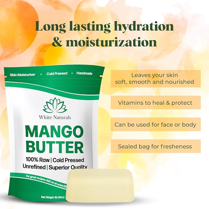 White Naturals Unrefined Mango Butter 8 oz Raw, Natural, Pure, Grade A Moisturizer, Use Alone or in DIY Whipped Body Butters, Soap & Lotions Making, Lip Balm and More!