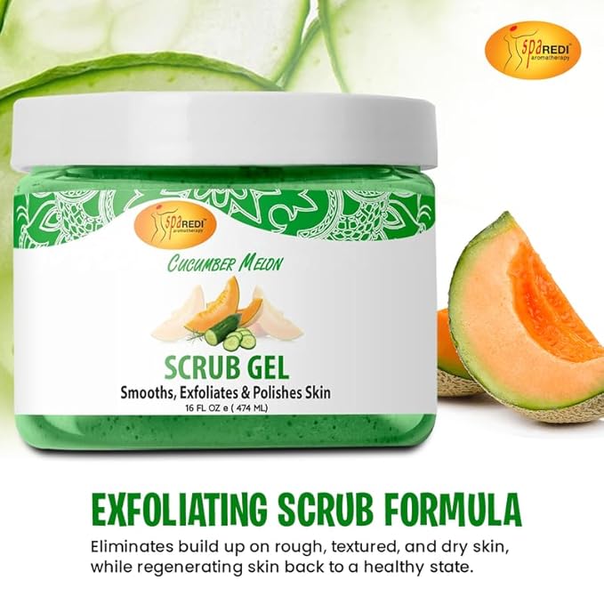 SPA REDI – Exfoliating Scrub Pumice Gel, Cucumber Melon, 16 oz - Manicure, Pedicure and Body Exfoliator Infused with Hyaluronic Acid, Amino Acids, Panthenol and Comfrey Extract