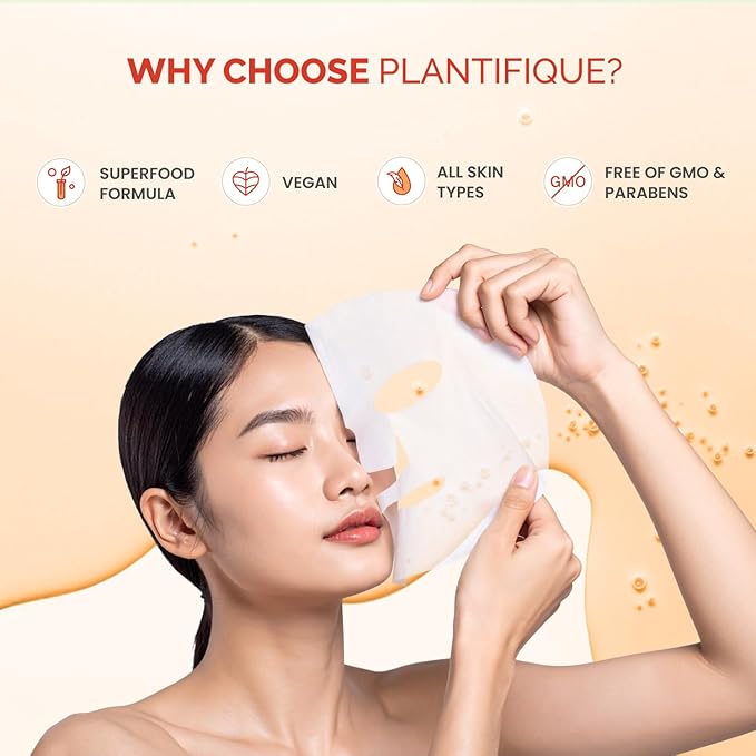PLANTIFIQUE Facial Sheet Mask Vitamin C Glow 5 Pack – Rejuvenating & Glowing Face Mask Sheets Pack with Peach & Vitamin C – Korean Skincare for Dull Skin