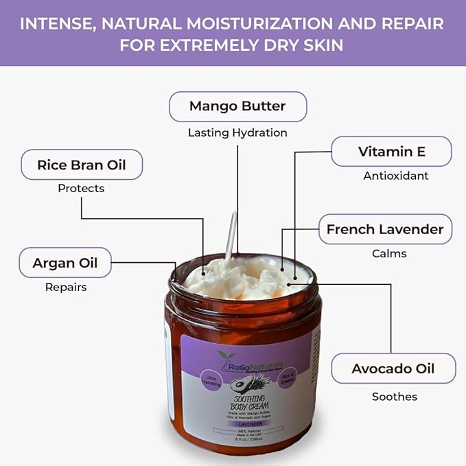 RaGaNaturals Calming Lavender Hand & Body Cream for Dry to Very Dry Skin - All Natural Vitamin E Face Cream to Deliver Healthy-Looking Glow -Non Toxic, Vegan Lavender Lotion for Women, Men, Baby -8 Oz