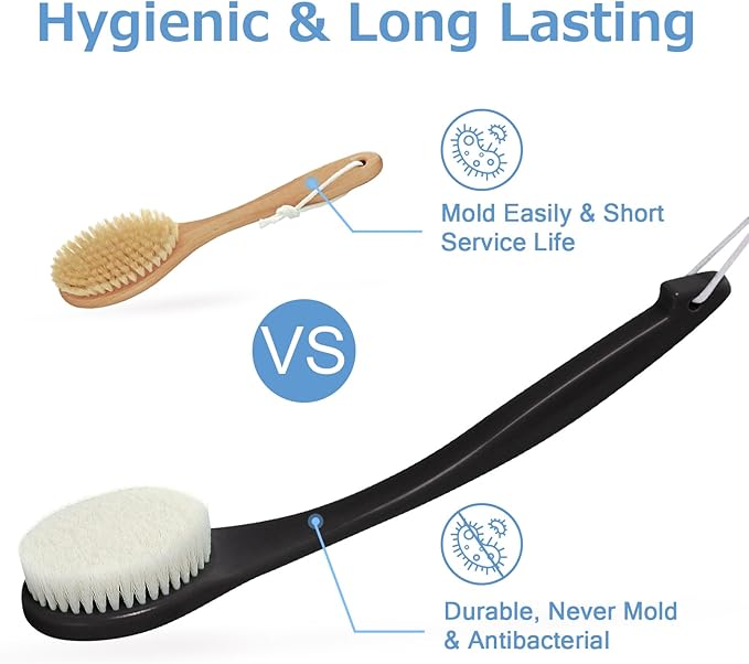 Exfoliating Shower Brush Bath Body Brush, Never Mold 15" Back Brush Long Handle for Shower, Dry Brushing Body Brush or Wet Brush with Moderate Bristle, Black