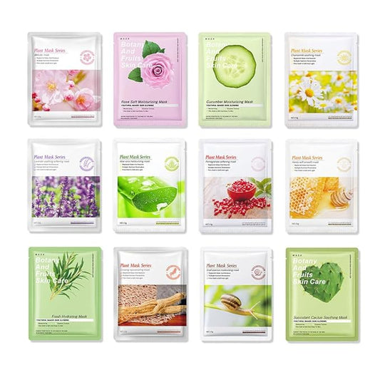 12 Pack Various Plants Face Sheet Mask Skincare,Hydrating Face Mask For Sensitive Skin,Moisturize,Soothing,Nourish for All Skin Types,Natural Spa Party Facial Mask Skincare Set for Women Men Girls