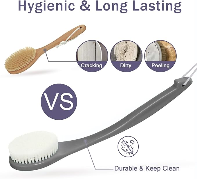 Bath Brush Long Handle for Shower, Soft Bristle Back Scrubber for Shower, Ergonomics Curved Long Handle Back Brush Exfoliating Body Scrubber with Hook and Lanyard-Grey