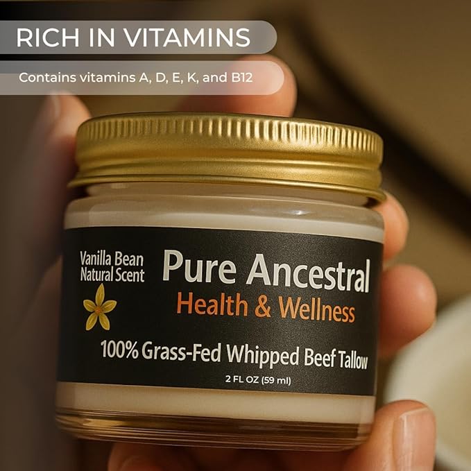 Pure Ancestral Health & Wellness 100% Grass Fed Beef Tallow for Skin Care - Face + Body - Whipped Moisturizer for Sensitive Skin - Natural Lotion | Travel Size 2 Oz. (Vanilla Scented)