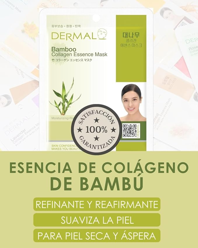 DERMAL Bamboo Collagen Essence Facial Mask Sheet 23g Pack of 10 - Hydrating & Calming, For Dewy and Glowing Skin, Daily Skin Treatment Solution Sheet Mask