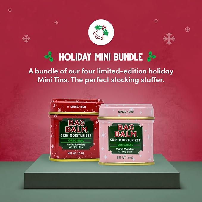 Bag Balm Mini Tin Holiday Gift Set – Bundle of 4 Limited Edition Tins (Red Star, Pink Star, Green Plaid, Red Plaid) – Multi-Use Moisturizing Balm for Dry Skin, Lips, Hands and Winter Hydration