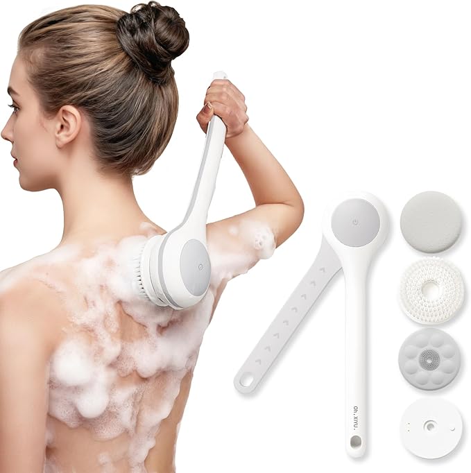 Electric Body Brush Back Scrubber for Shower, Waterproof Long Dual Handle Power Body Scrubber with 3 Heads, Rechargeable Bath Brush & 2 Speeds, for Cleansing, Exfoliating and Massaging Skin