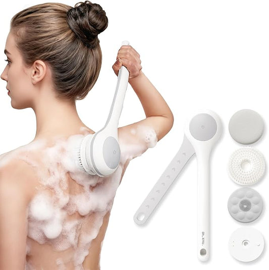 Electric Body Brush Back Scrubber for Shower, Waterproof Long Dual Handle Power Body Scrubber with 3 Heads, Rechargeable Bath Brush & 2 Speeds, for Cleansing, Exfoliating and Massaging Skin