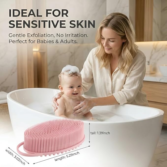 Silicone Body Scrubber, Exfoliating Loofah Alternative for Women Men, Soft Silicone Body Shower, 2 in 1 Bath and Shampoo Brush for Sensitive Skin, Back,Showering, Brush Exfoliator (Pink)