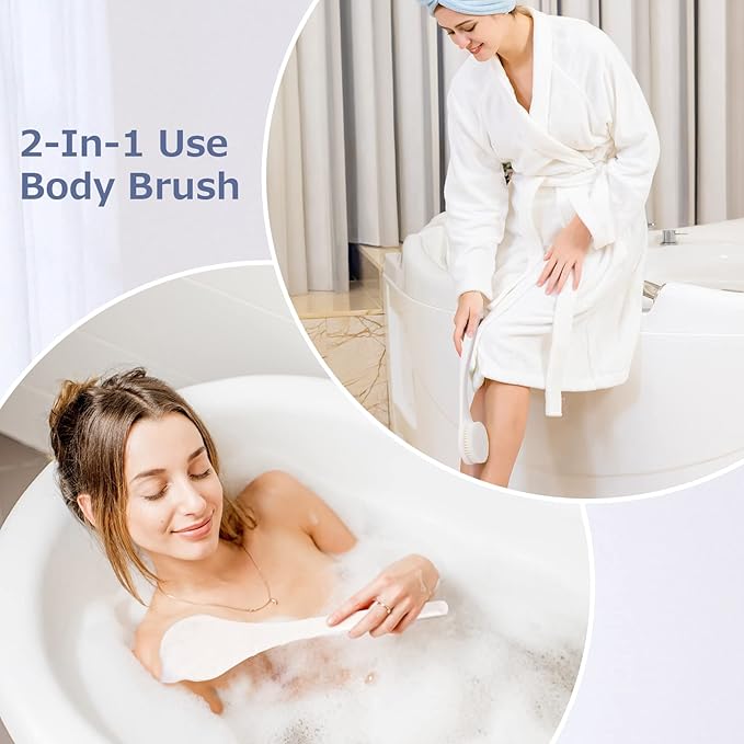 Bath Brush Long Handle for Shower, Soft Bristle Back Scrubber for Shower, Ergonomics Curved Long Handle Back Brush Exfoliating Body Scrubber with Hook and Lanyard-Cream White