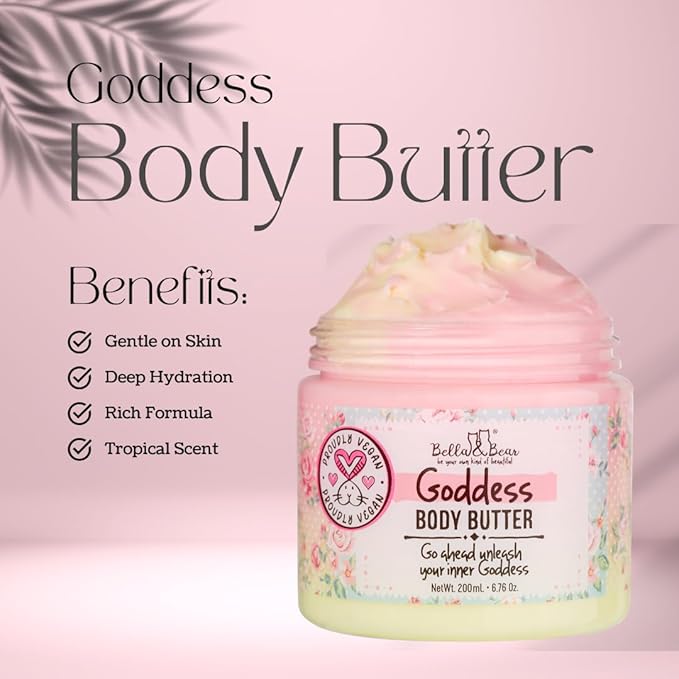 Bella & Bear Gift Set - 3-in-1 Body Scrub & Goddess Body Butter in Glossy Pink Box - Vegan, Cruelty-Free, Mango-Pineapple-Coconut Scent