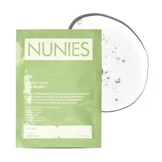NUNIES Calming Sheet Mask – Korean Soothing Face Mask for Redness & Sensitive Skin | CICA, Allantoin & Panthenol | pH-Balanced | Alcohol-Free, Fragrance-Free, Colorant-Free | 5 Sheets