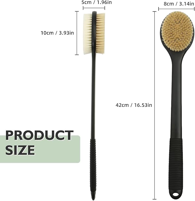 VANZAVANZU 17 Inch Anti-Slip Long Handle Back Scrubber for Shower – Dual-Sided Shower Brush and Shower Back Scrubber with Soft & Stiff Bristles for Wet or Dry Use (Black)